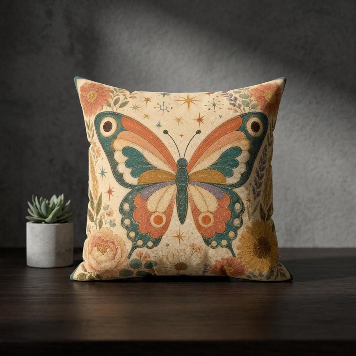 Retro Butterfly Pillow, Faux Suede Square Cover with Double-Sided Floral Print