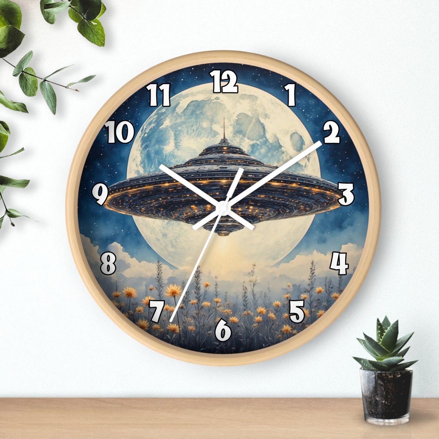 UFO Over Moon Wall Clock, Sci Fi Spaceship Moonlight Timepiece