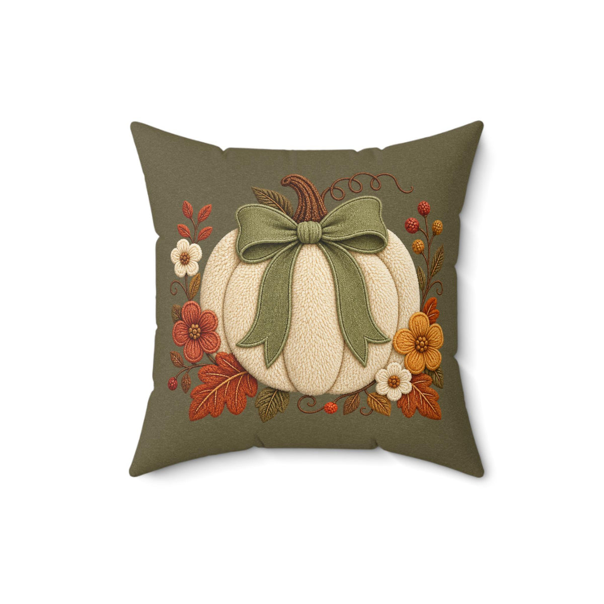 Double Sided Pillow Cover, 100% Faux Suede with Cream Pumpkin and Sage Bow