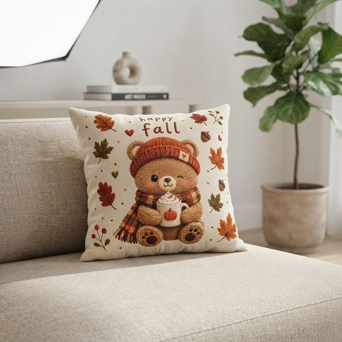 Cozy Sofa Pillow, Faux Suede Pillowcase with Double-Sided Fall Bear Print