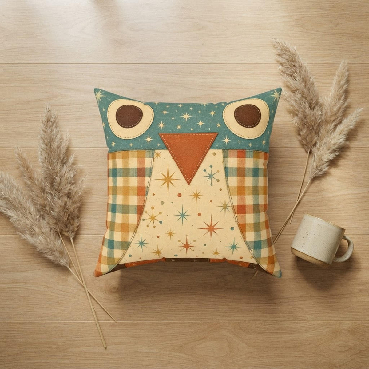 Owl Pillow Case, Faux Suede Square Cover with Vintage Plaid Design