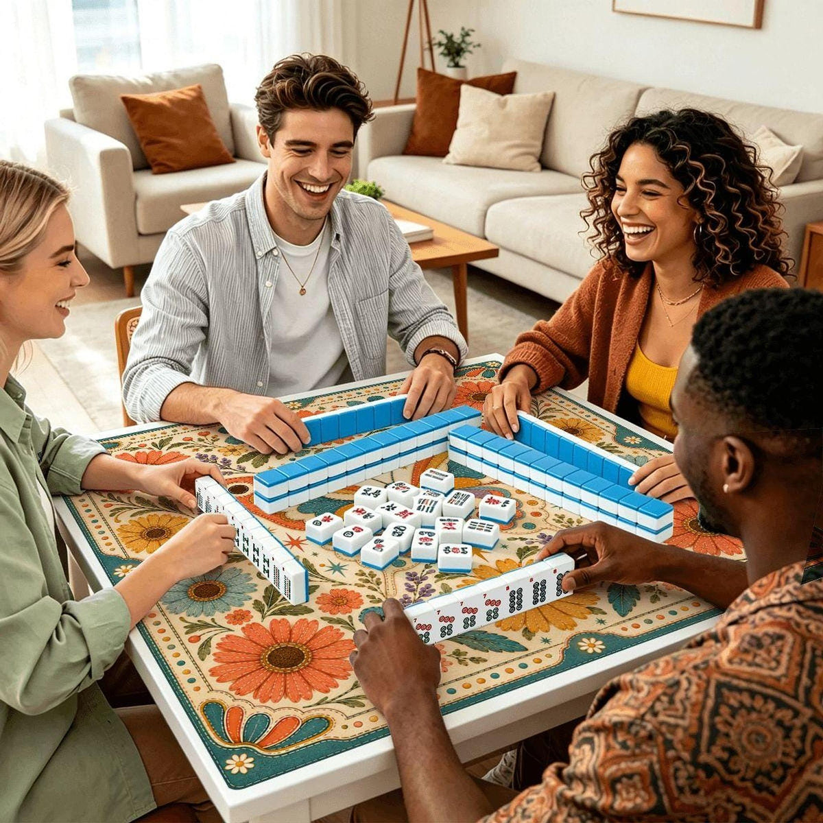 Retro Butterfly Mahjong Mat, Floral Polyester Surface, Non-Slip Rubber Backing