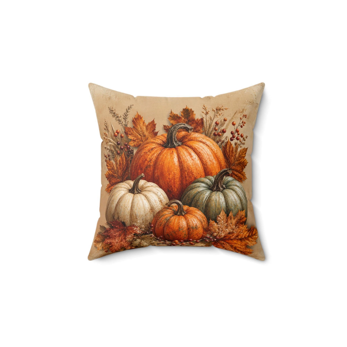 Autumn Pillow Cover, Beige Faux Suede Square with Double-Sided Pumpkin Print