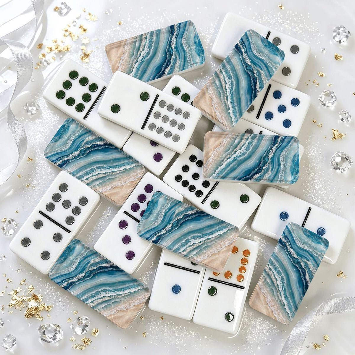 Ocean Acrylic Dominoes Set, Double 12 Mexican Train Game with Storage Box
