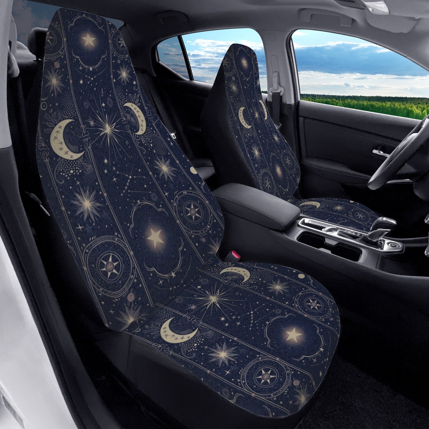 Celestial Moon Car Seat Cover: Blue & Gold Cosmic Protection