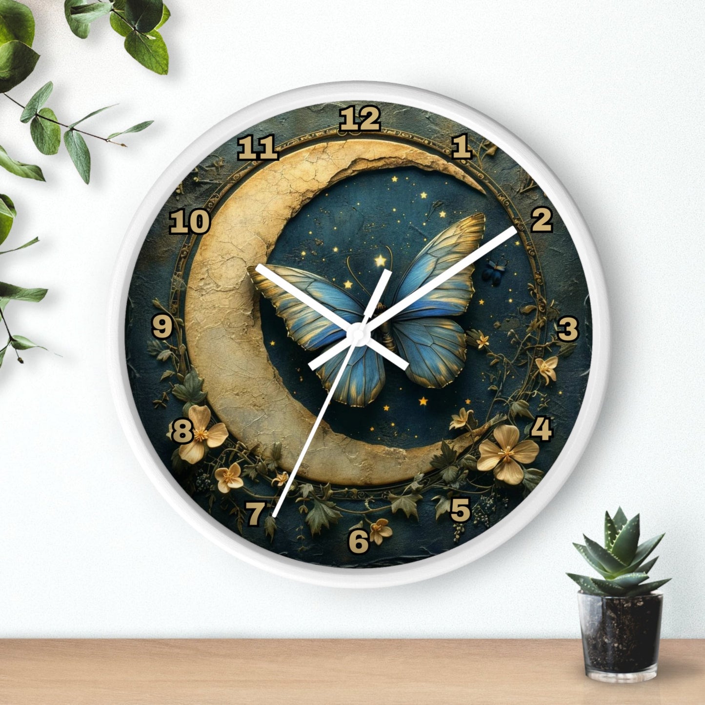 Celestial Butterfly Moon Wall Clock: Elegant Bedroom Decor Timepiece