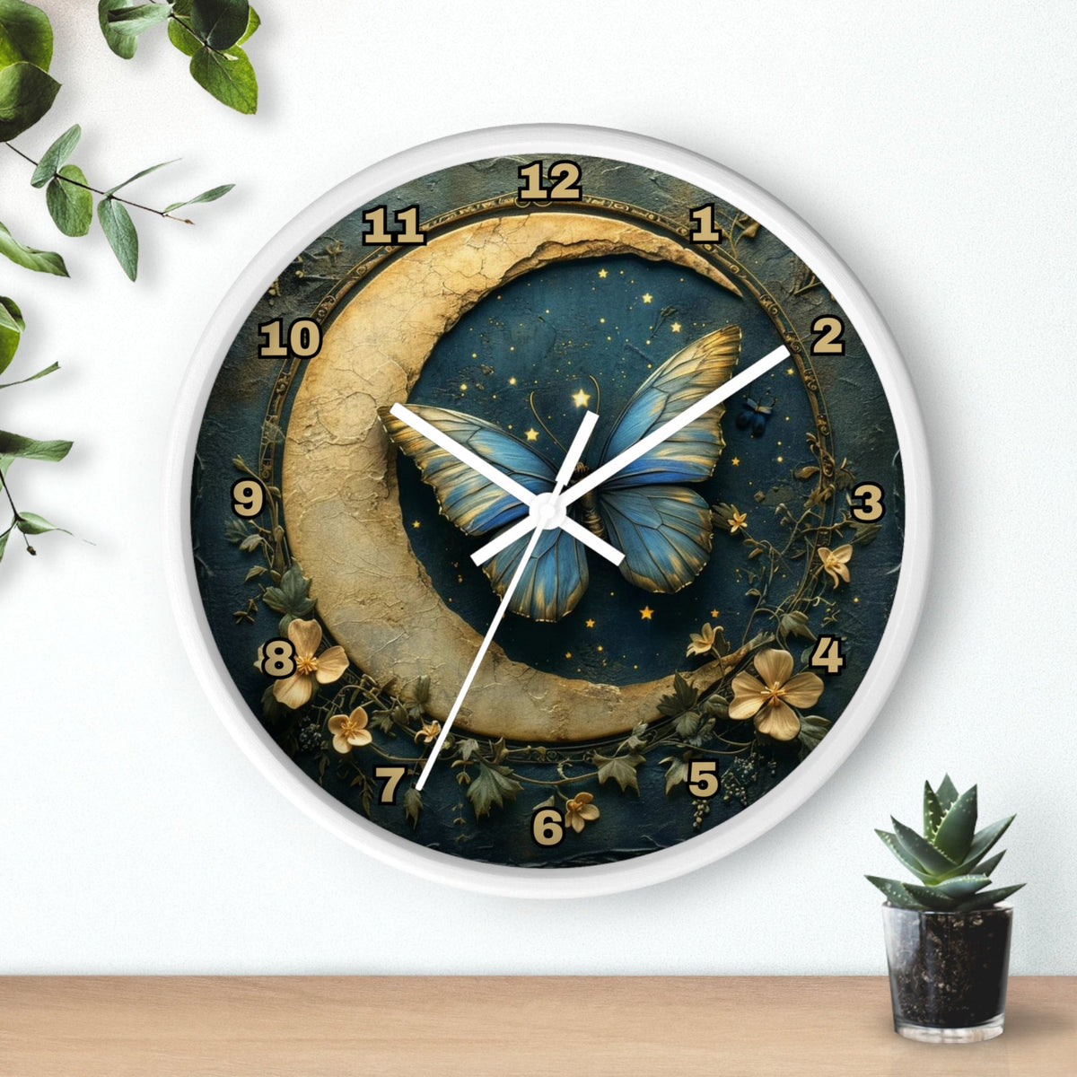 Celestial Butterfly Moon Wall Clock: Elegant Bedroom Decor Timepiece