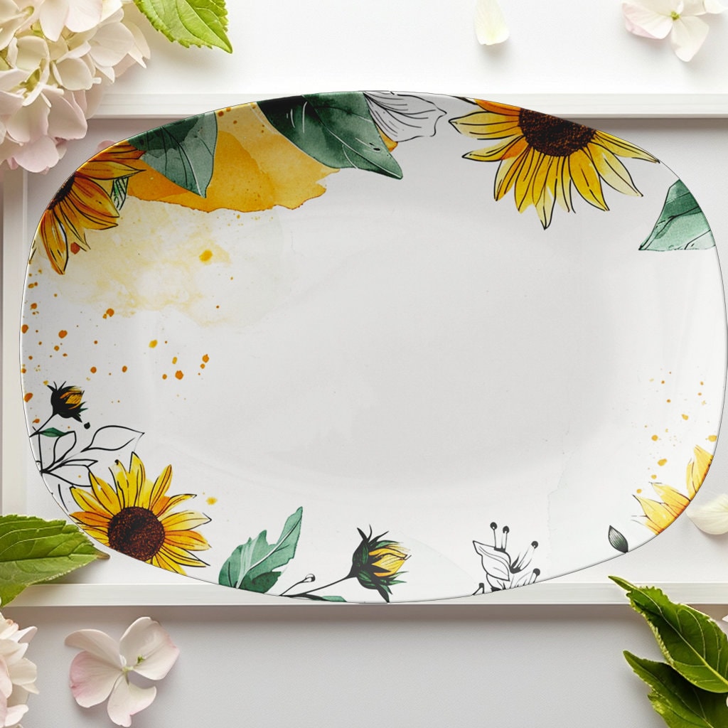Sunflower Serving Platter 10x14 Inch Microwave Safe Made USA Spring Dinner Plate Tray Gift