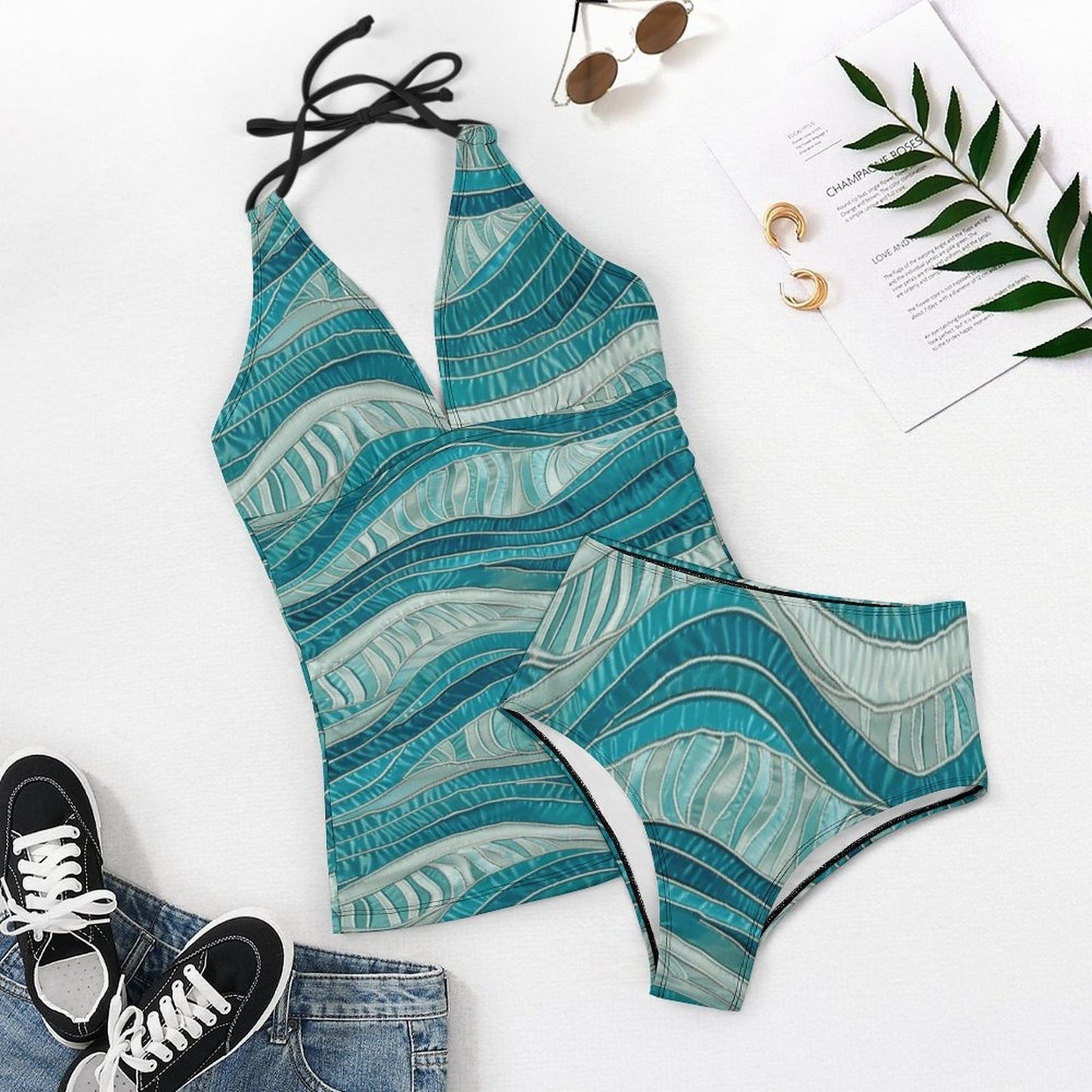 Wavy Blue Halter Tankini Set: Women's Summer Swimsuit