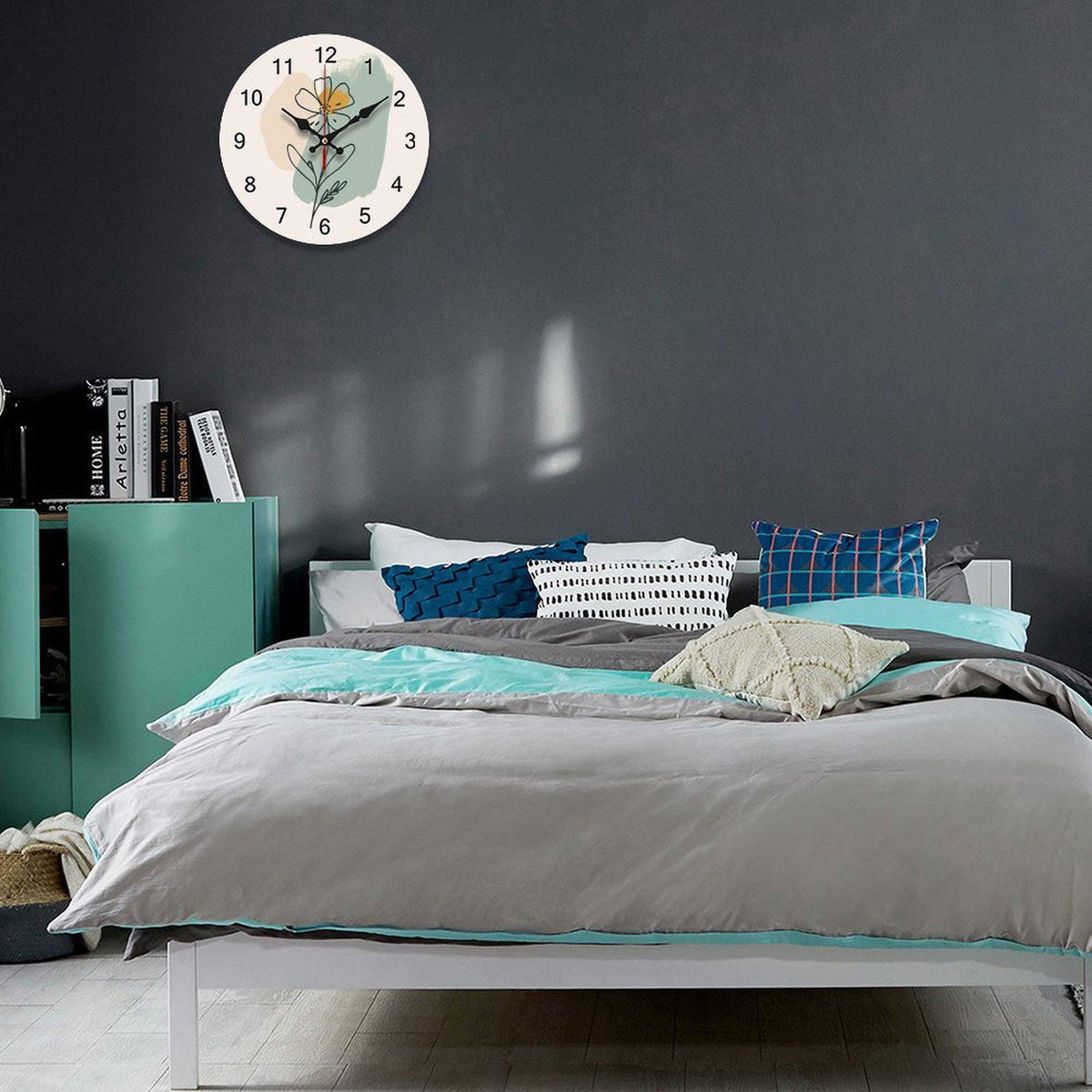 Floral Wooden Wall Clock: Silent Minimalist Timepiece for Home Decor
