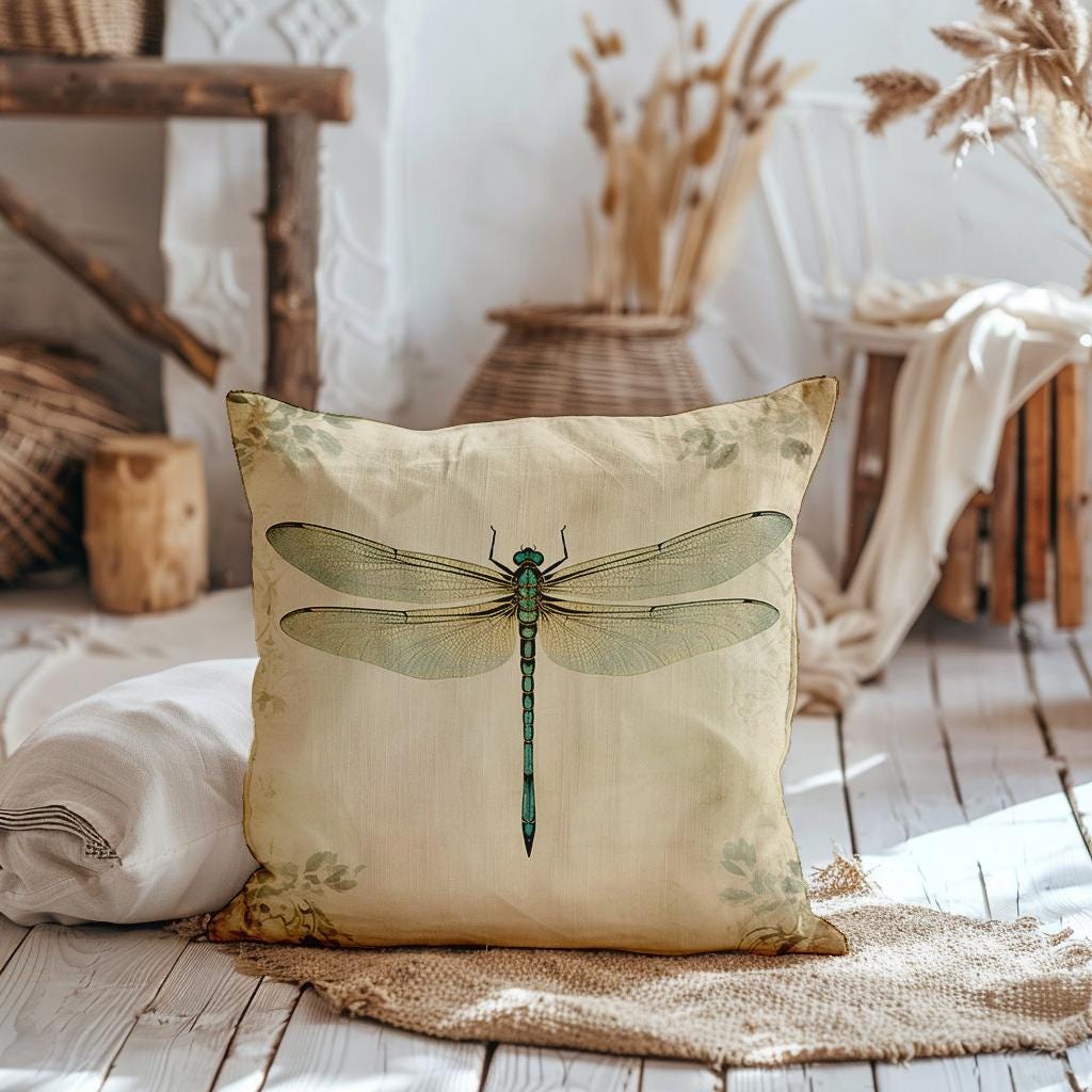 Dragonfly Pillow Cover: Beige Minimalist Decor, Double-Sided Print