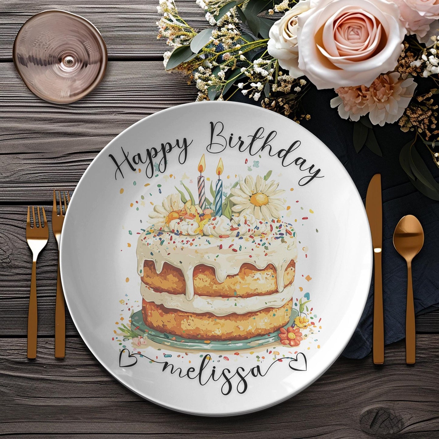 Personalized Floral Birthday Cake Plate: Durable Thermosaf Tableware for Memorable Celebrations