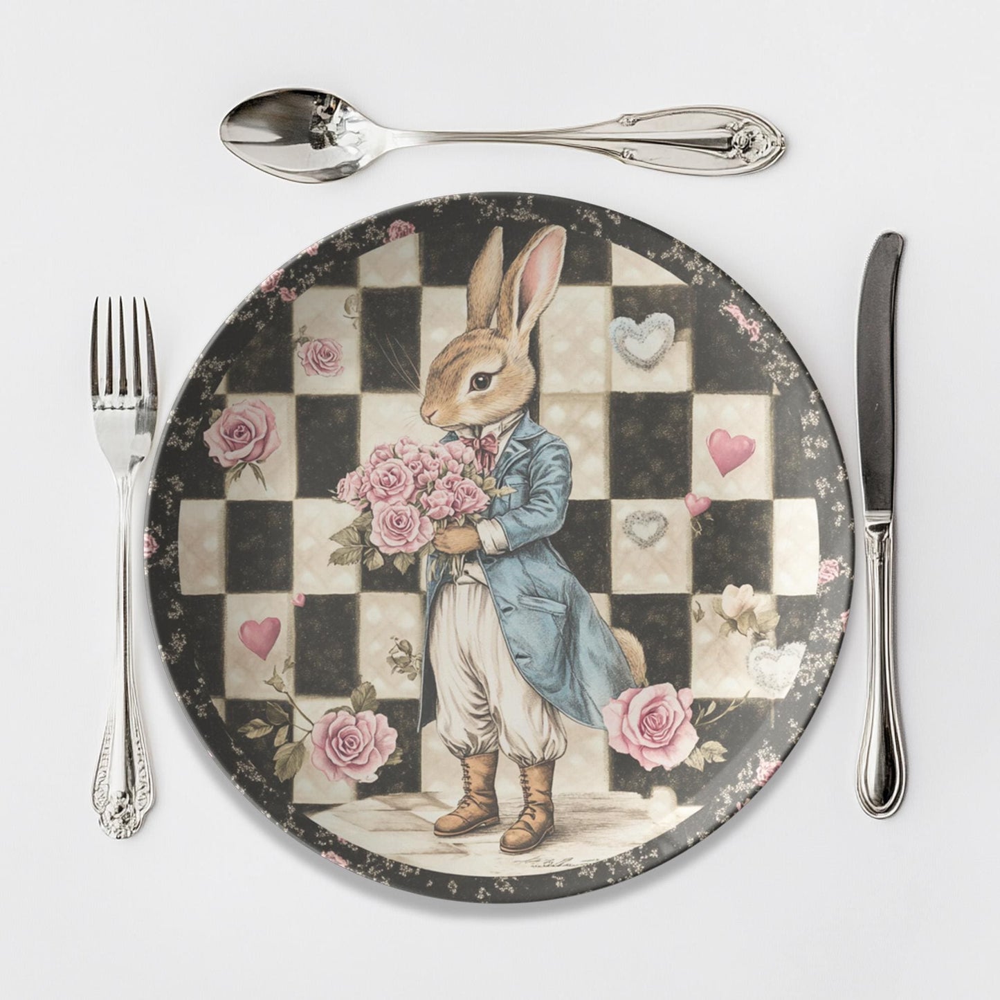 Checkered Rabbit Dinner Plates: Farmhouse ThermoSaf Tableware for Easter & Everyday Dining