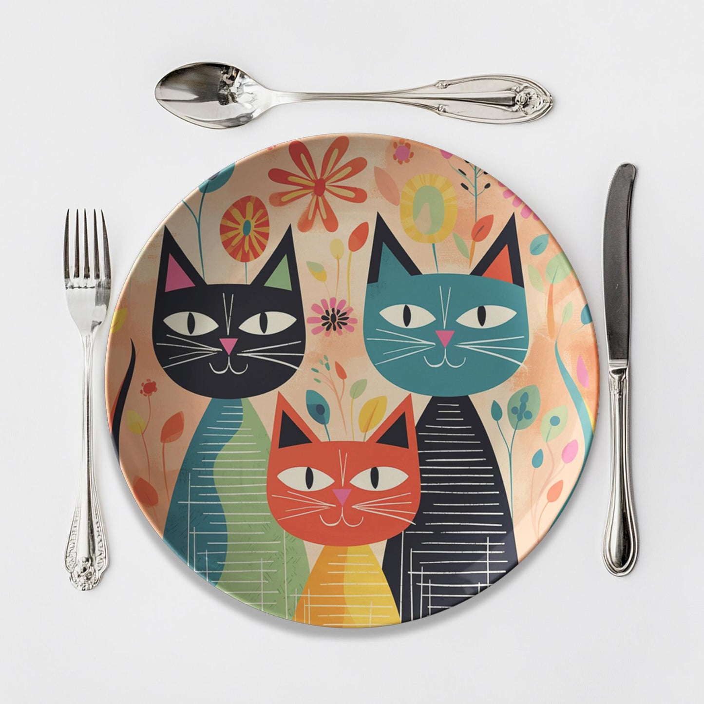 Retro Cat ThermoSaf Dinner Plates, 10" Quirky Feline-Themed Tableware, Microwave & Dishwasher Safe