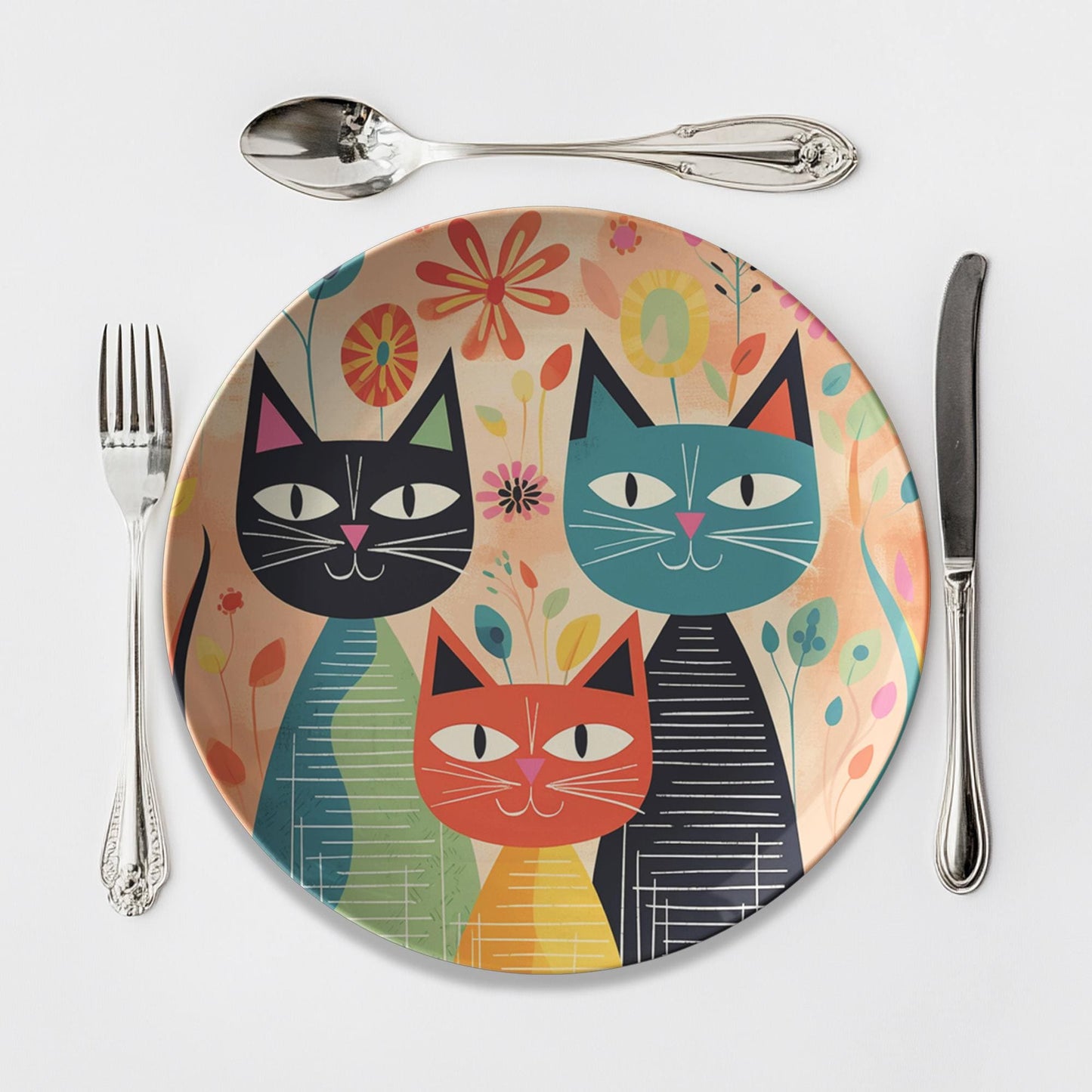 Retro Cat ThermoSaf Dinner Plates, 10" Quirky Feline-Themed Tableware, Microwave & Dishwasher Safe