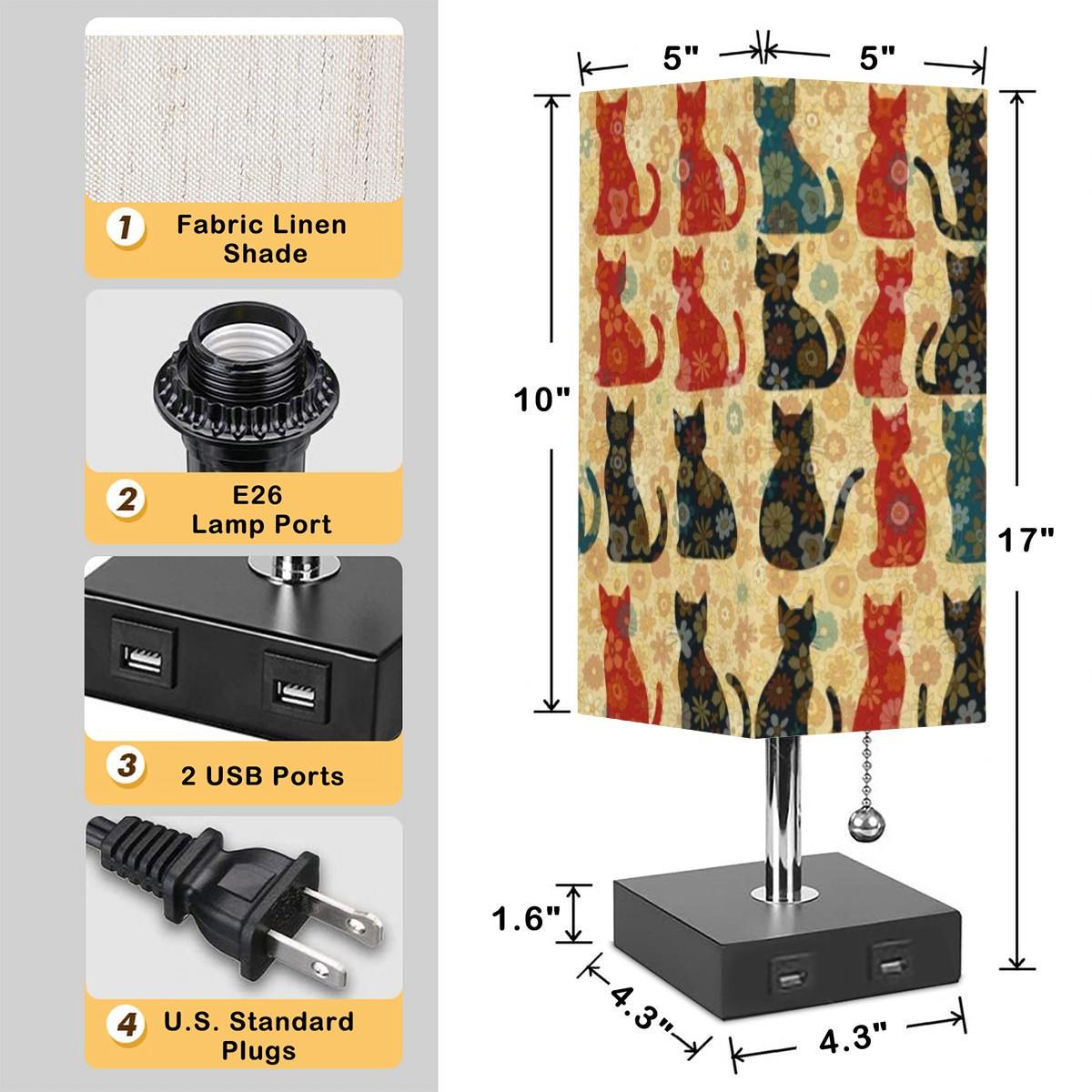 Retro Cat Table Lamp: Linen Shade, USB Charging Port, 16-Color LED