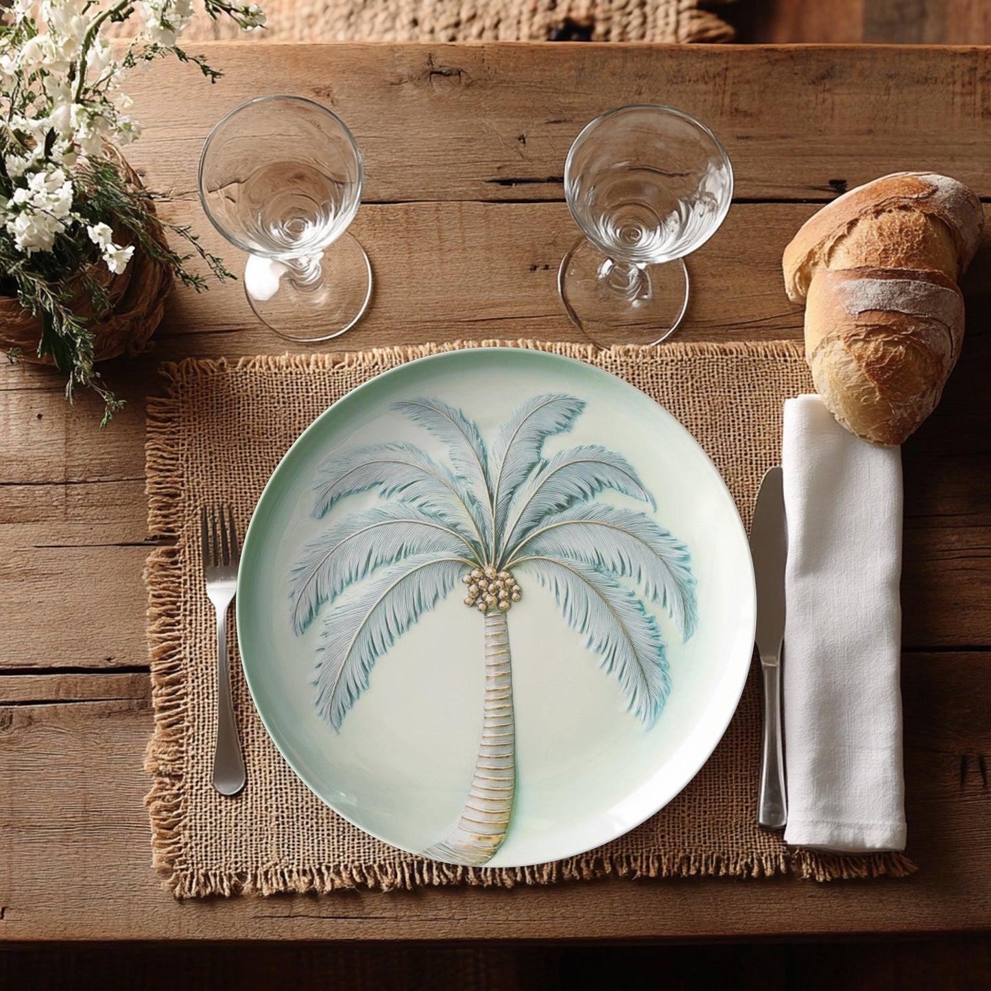 Tropical Palm Tree Dinner Plate | Coastal Beach House Tableware | Thermosaf Polymer Dishware