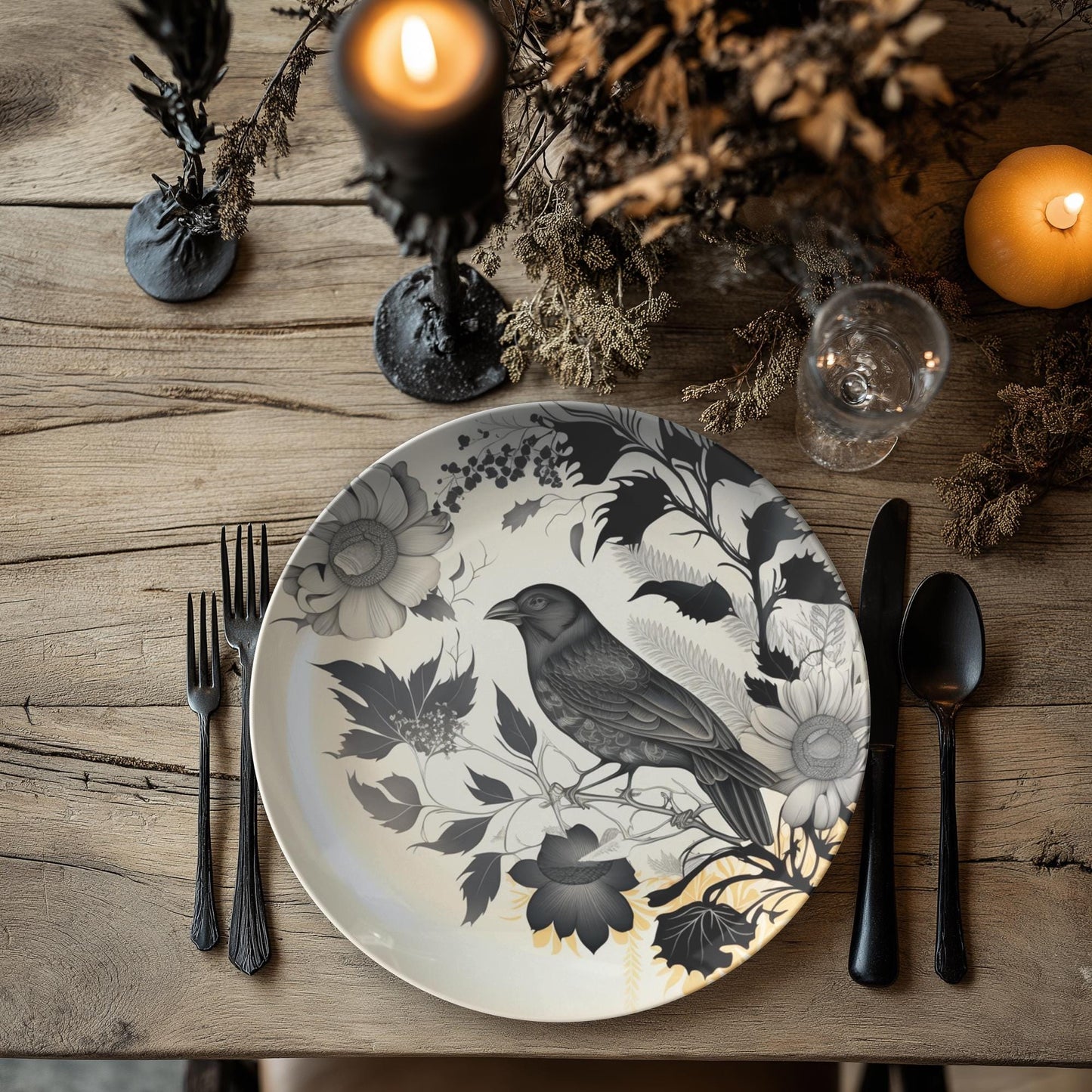 Rustic Crow-Themed Dinner Plates Set: Black Bird Tableware for Gothic Home Decor