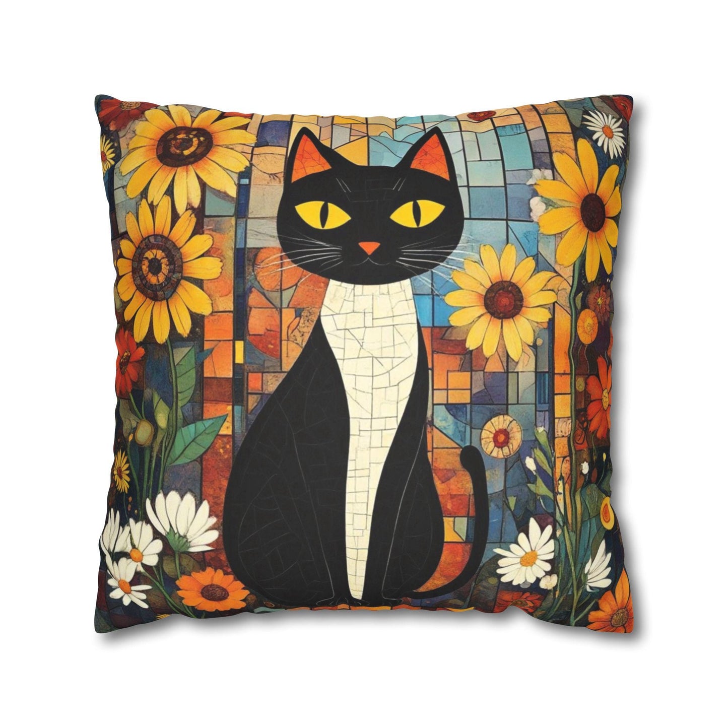 Retro Cat Floral Pillow Cover: Faux Suede Boho Home Decor