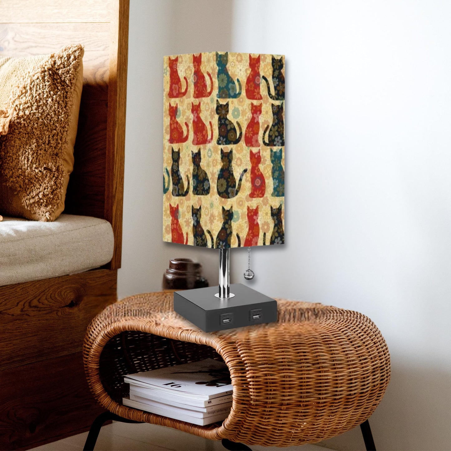 Decorative Lighting, Retro Cat Table Lamp with Linen Shade and 16-Color LED