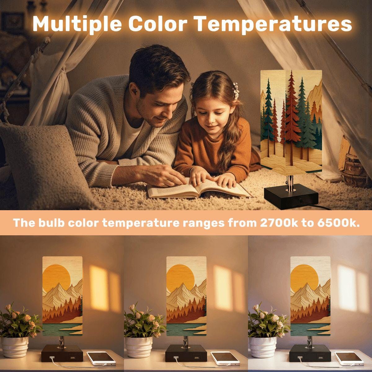 Modern Square Table Lamp with USB Charging Port - Mountain View Design for Home Office