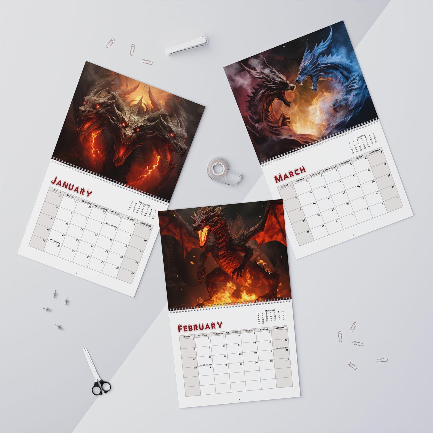 2026 Fire Dragon Wall Calendar: Gamer Fantasy Art Monthly Planner