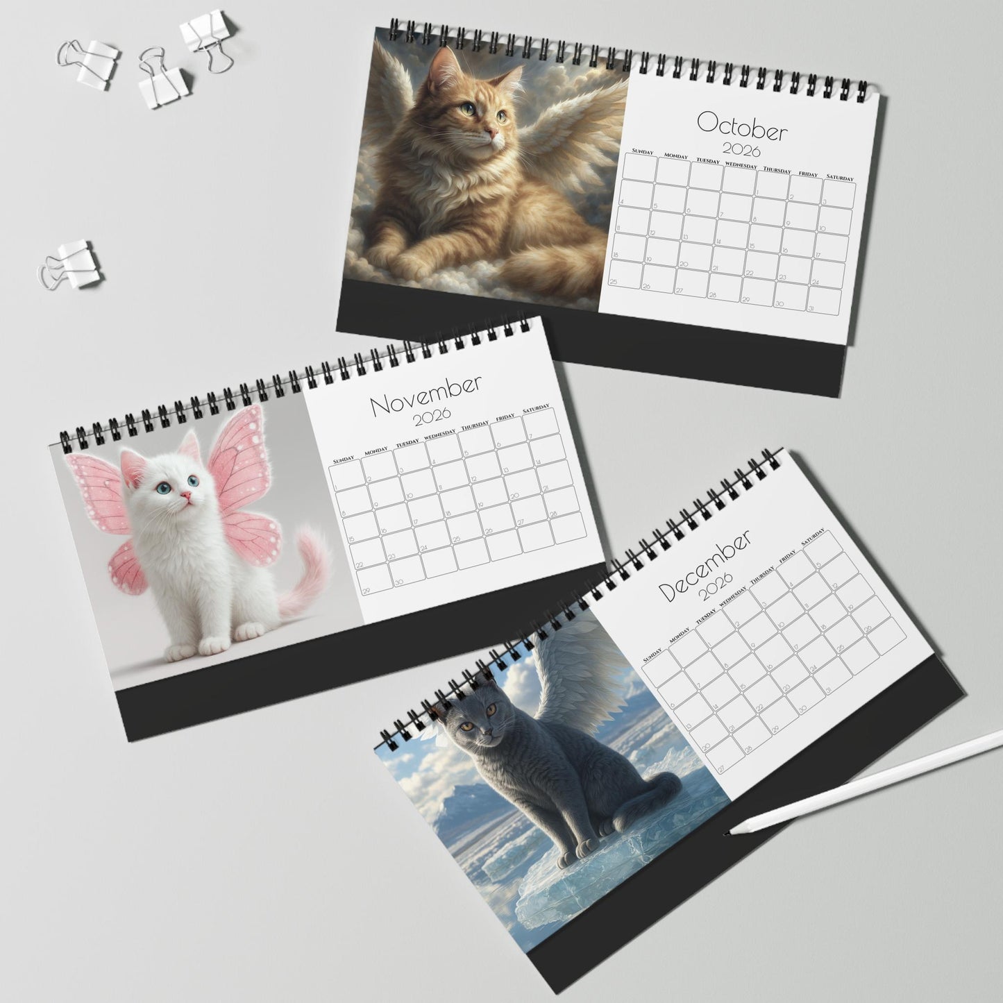 2026 Winged Cat Desktop Calendar: Unique Feline-Themed Gift for Home or Office Decor