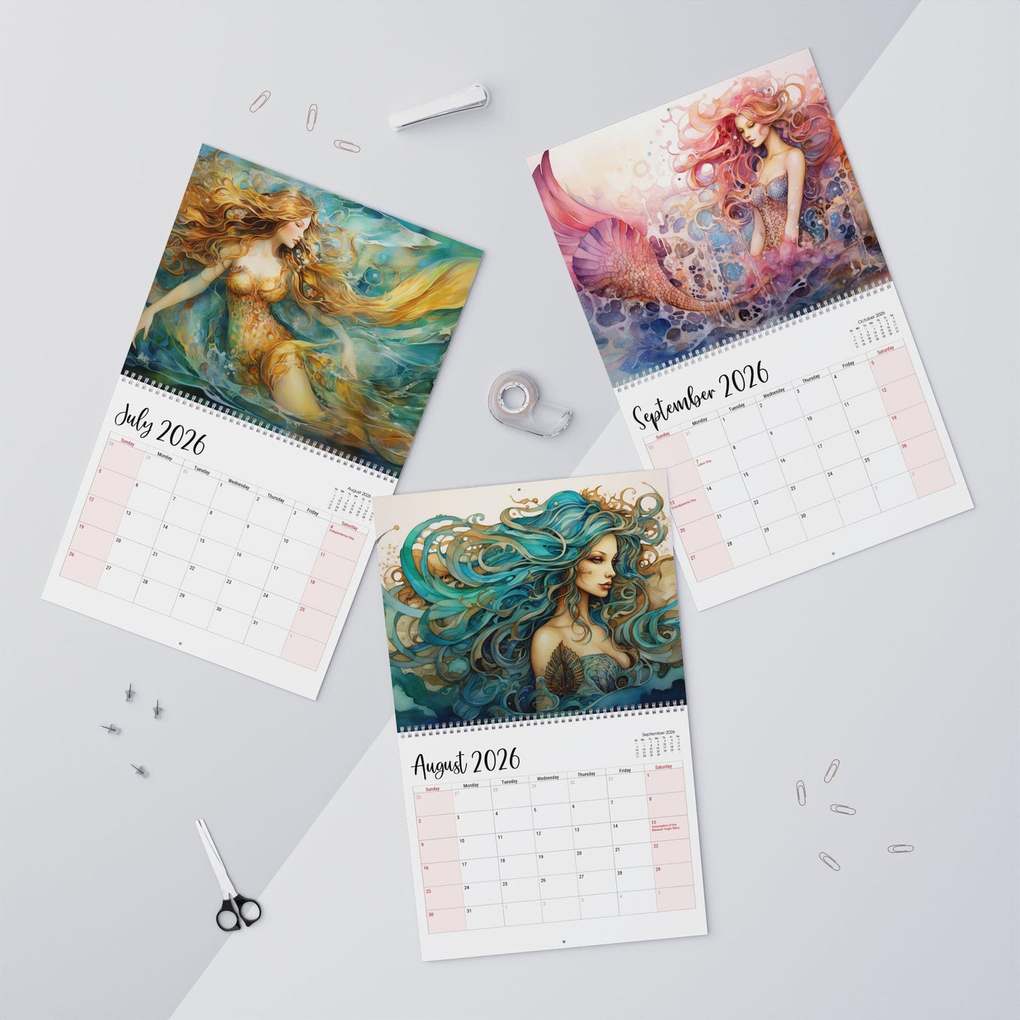 Vintage Mermaid 2026 Wall Calendar: Monthly Planner with Ocean Art for Home and Office