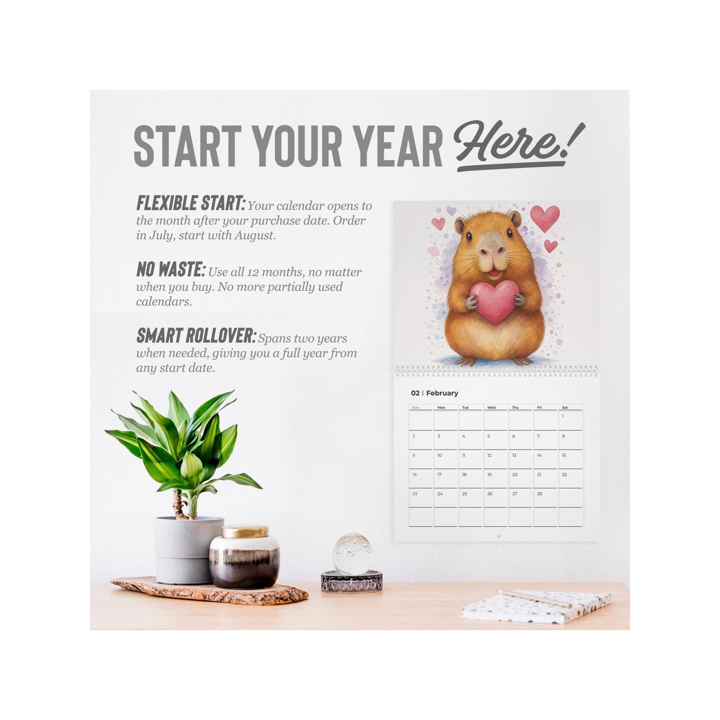 2026 Capybara Wall Calendar: Monthly Animal Art for Nature Lovers and Kawaii Enthusiasts
