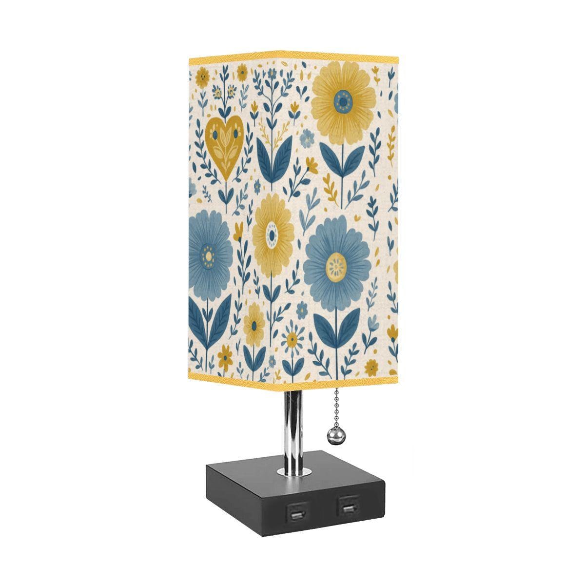 Floral Square Table Lamp with USB Port and Gold Trim - Modern Bedside Lighting