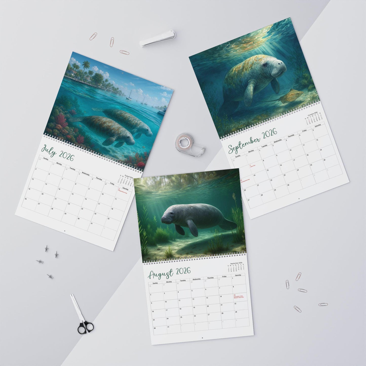 Manatee Wall Calendar, Ocean Art Decor, 2026 Blue Monthly Planner