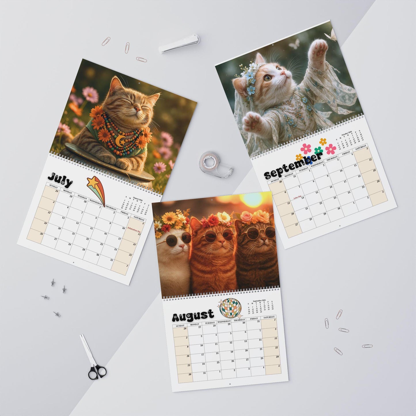 Hippy Cat Wall Calendar, 12 Month Boho Photo Planner, Animal Lover Gift