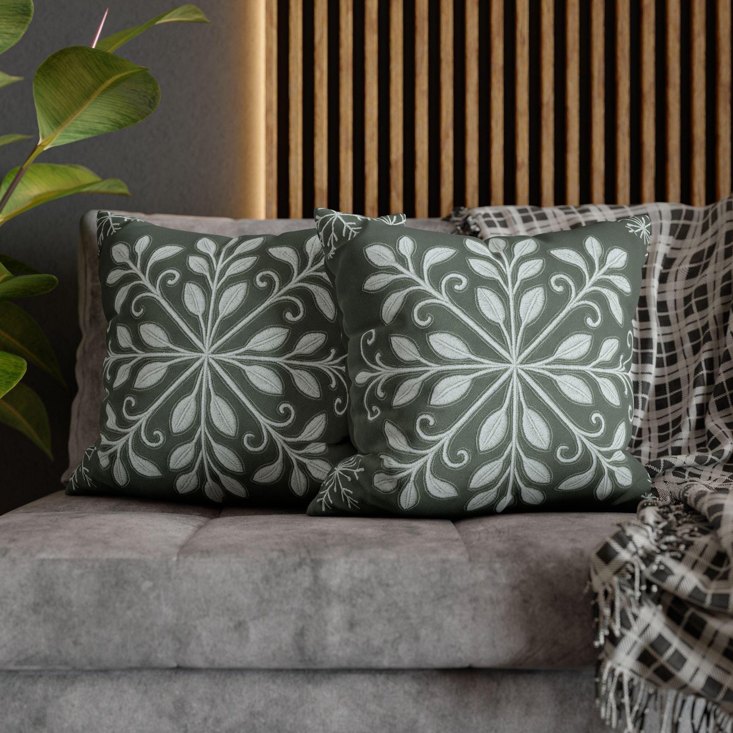 Snowflake Folk Art Pillowcase, Winter Home Decor, White Square Cushion Cover, Green Faux Suede