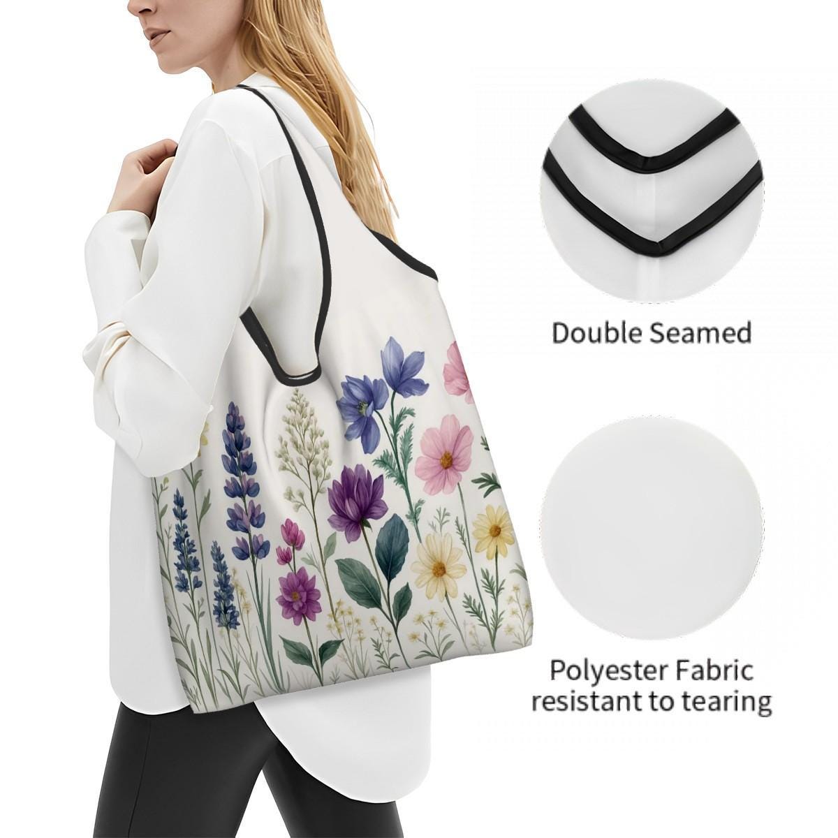 Floral Folding Reusable Grocery Bags - Eco Friendly Compact Shopping Totes with Pretty Flower Pattern