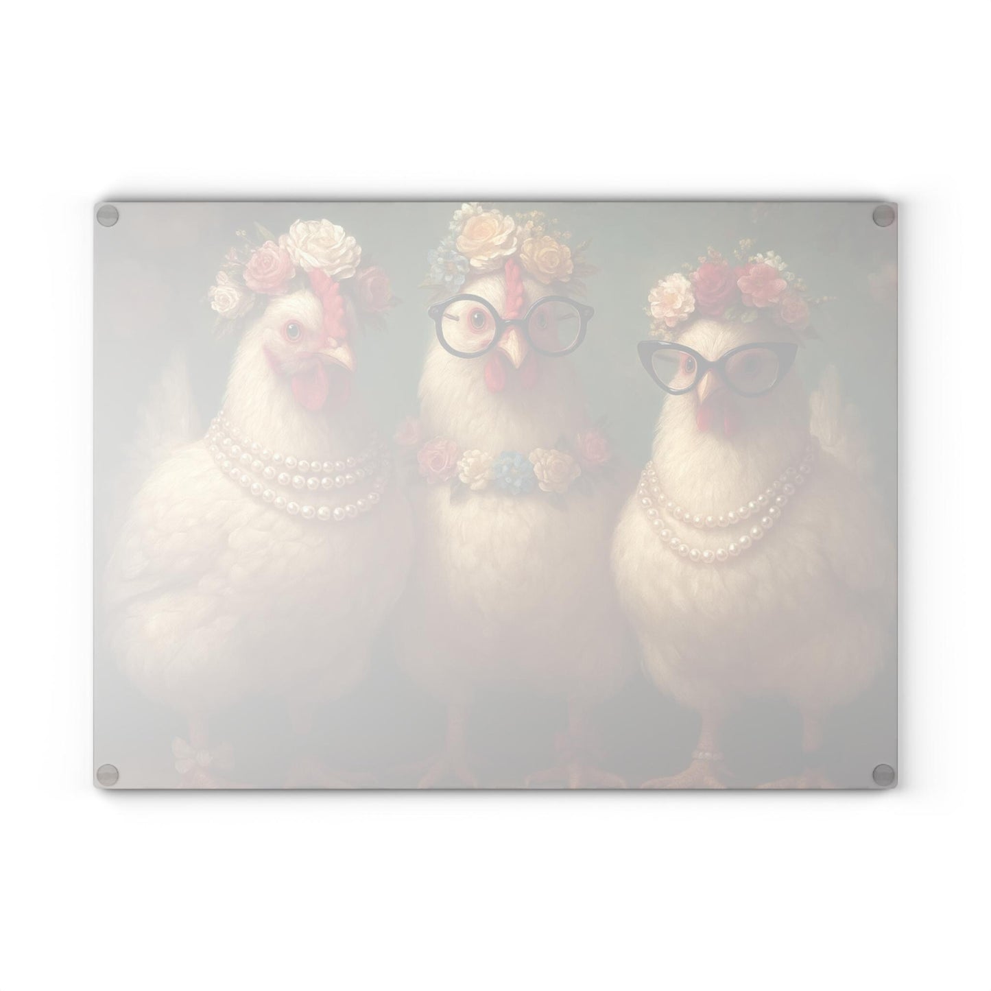 Fancy Chickens Glass Cutting Board | Farmhouse Kitchen Decor with Floral Crowns and Pearls