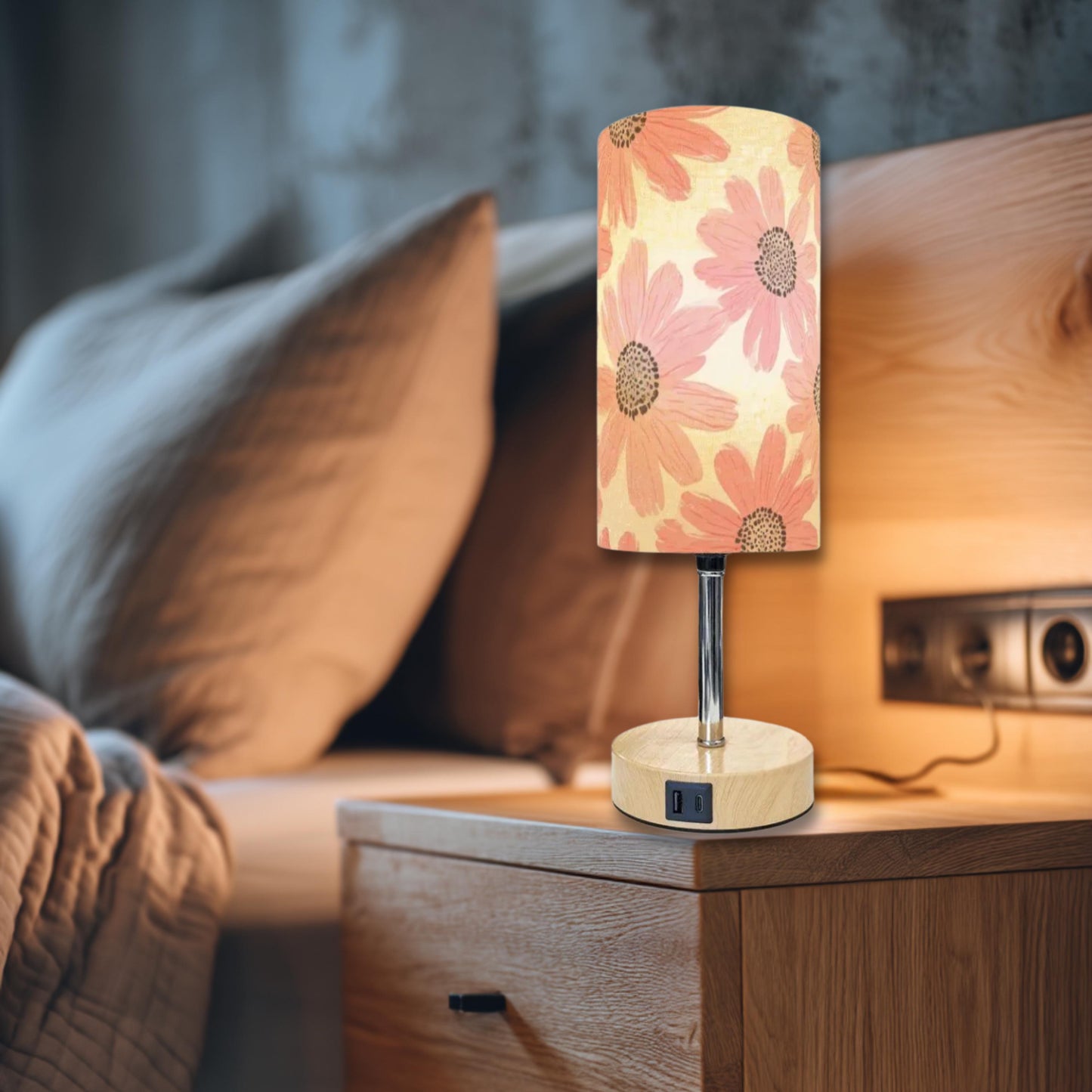 Pink Flower Touch Bedside Table Lamp with USB Charging Port Night Light