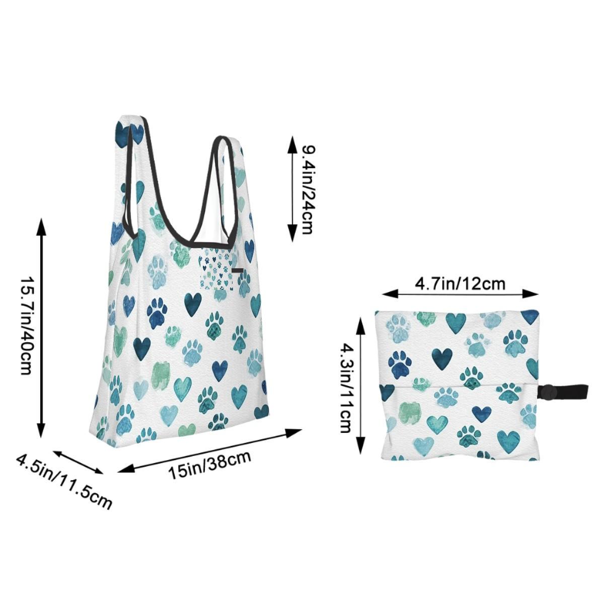 Paw Heart Folding Reusable Shopping Bags - Eco Friendly Dog Cat Pet Lover Tote