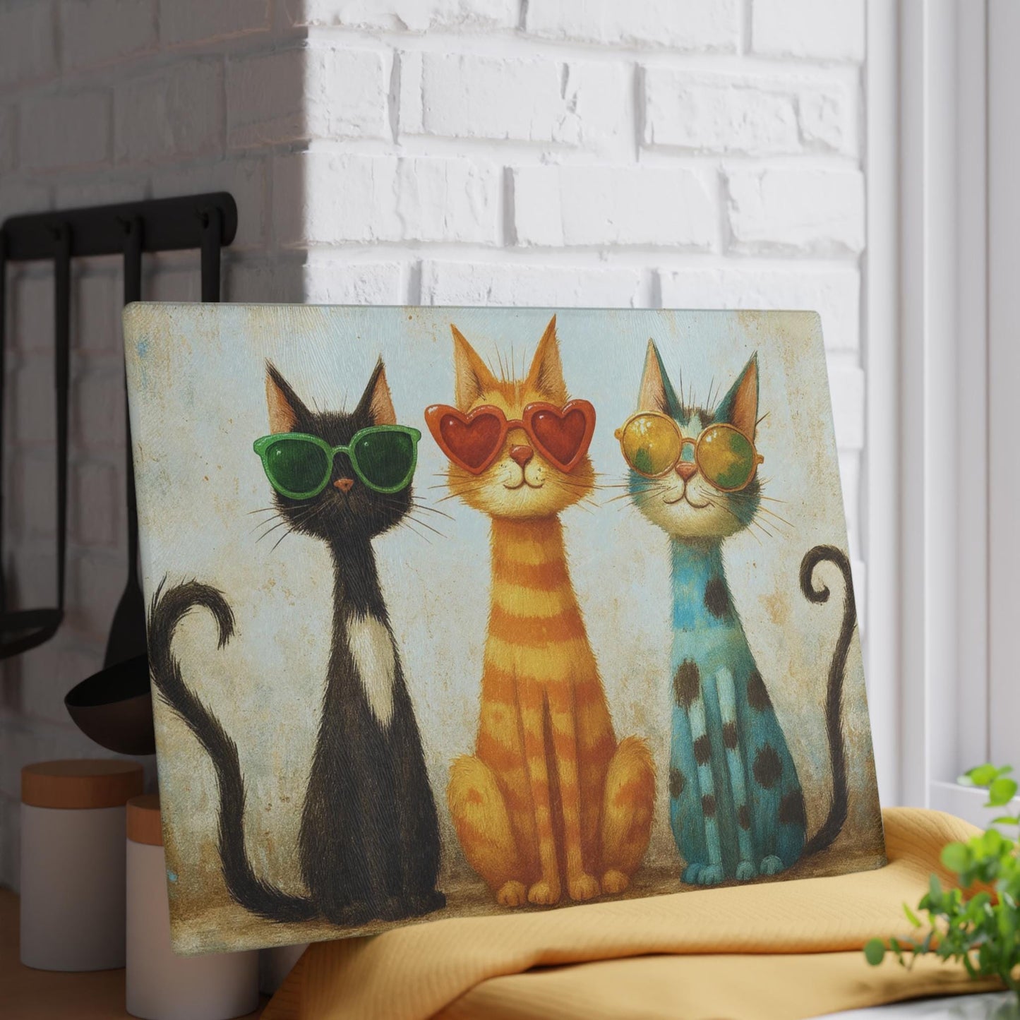 Three Cats with Sunglasses Cutting Board | Whimsical Kitchen Decor Art Gift for Pet Lovers