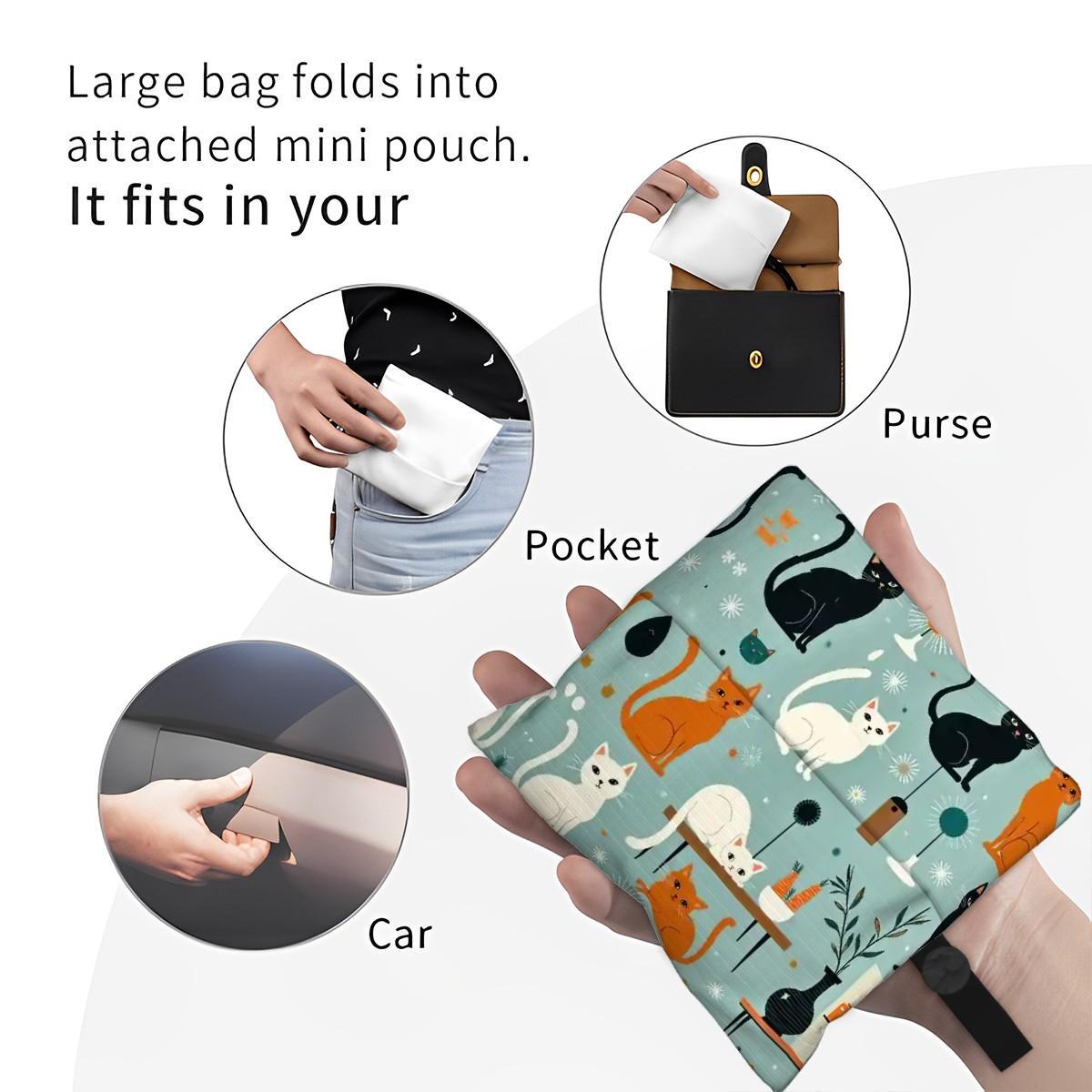 Retro Cat Folding Reusable Grocery Shopping Bags - Eco Friendly Tote with Vintage Feline Design
