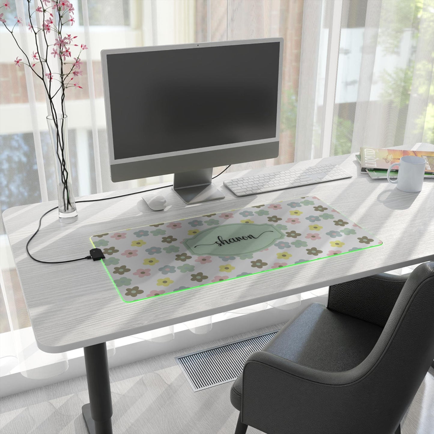 Pastel Floral LED Gaming Mouse Pad | Custom Name RGB Desk Mat for Gamer Setup