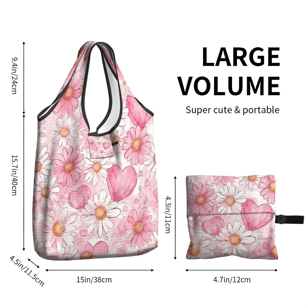 Pink Flowers Hearts Folding Reusable Grocery Shopping Bags Eco Friendly Tote Compact Storage Market