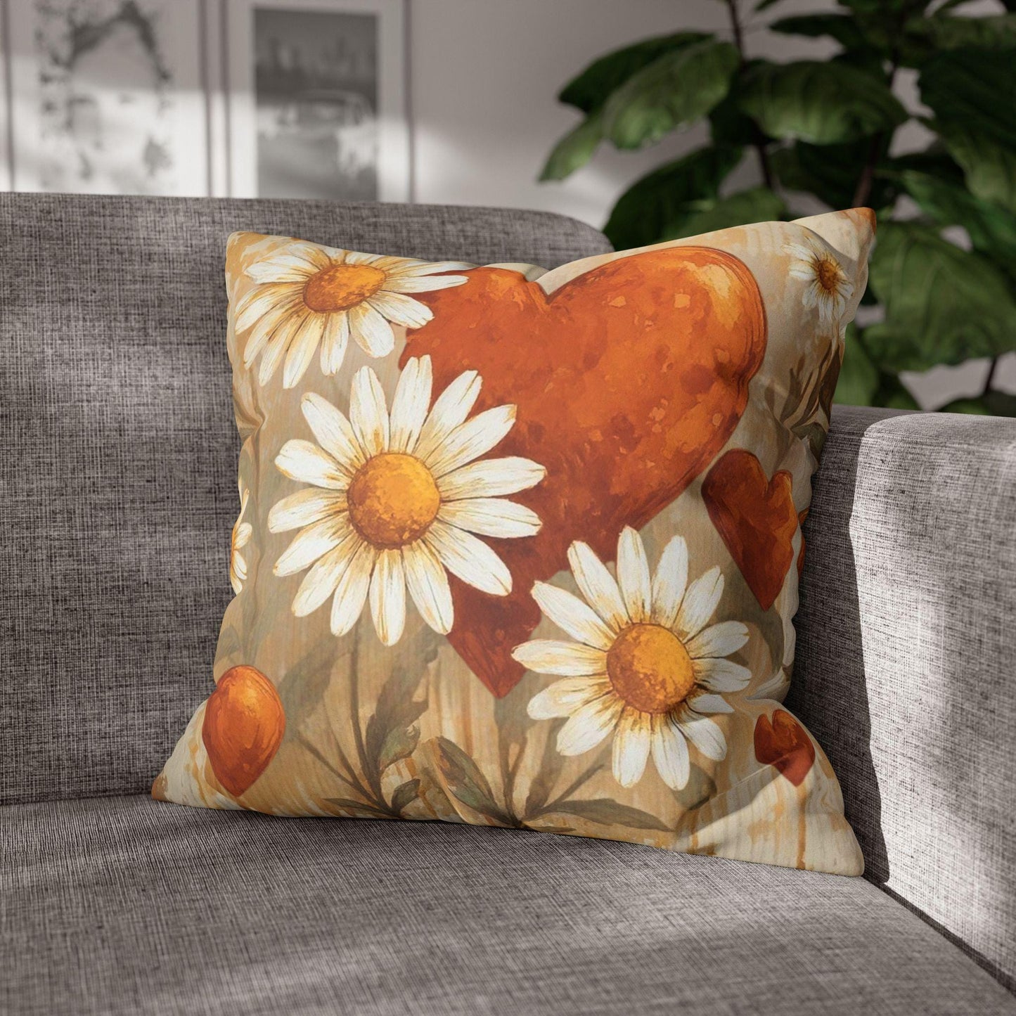 Boho Floral Throw Pillow Cover: Orange Heart Daisy Faux Suede