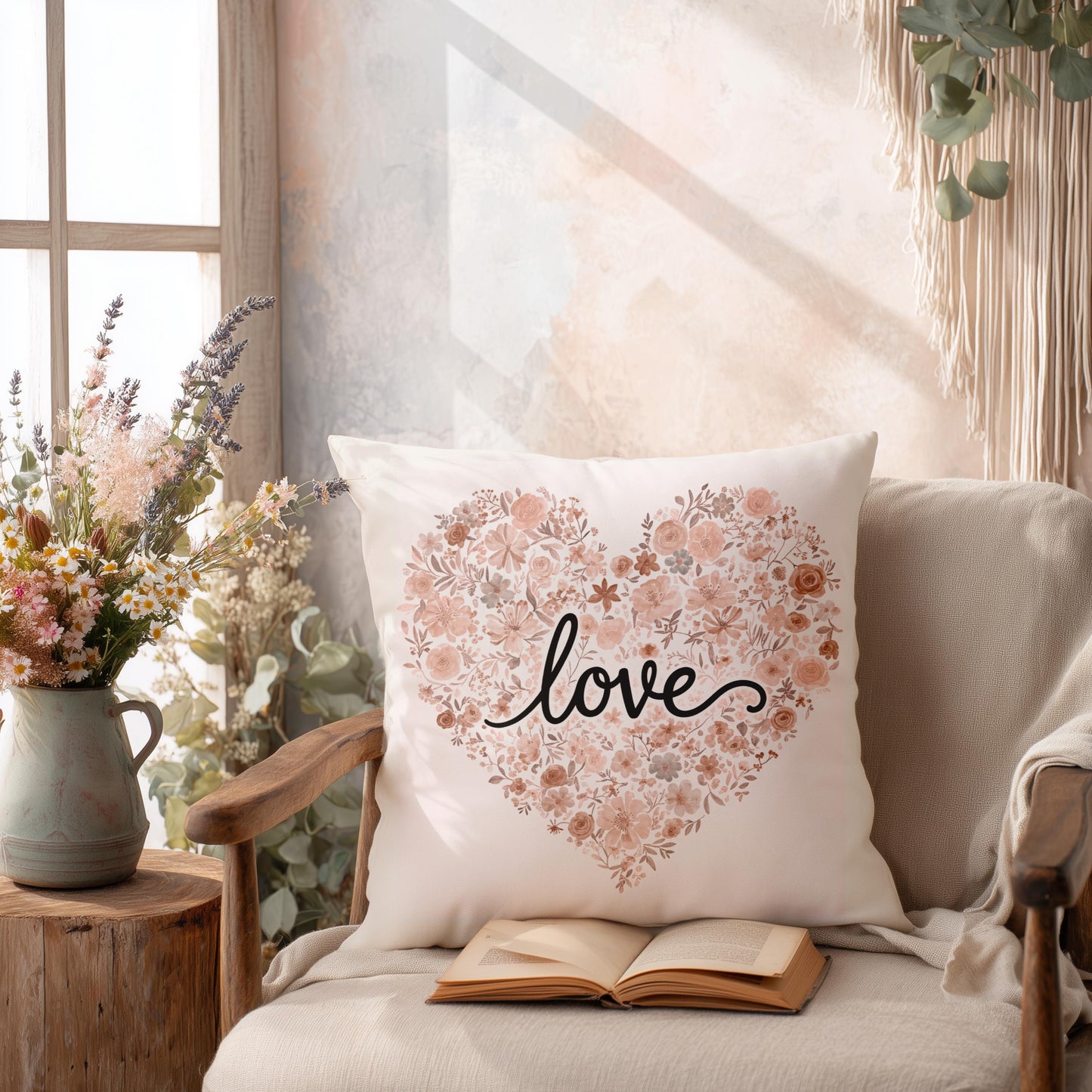 Floral Heart Love Faux Suede Square Pillowcase | Romantic Valentine Throw Pillow Cover
