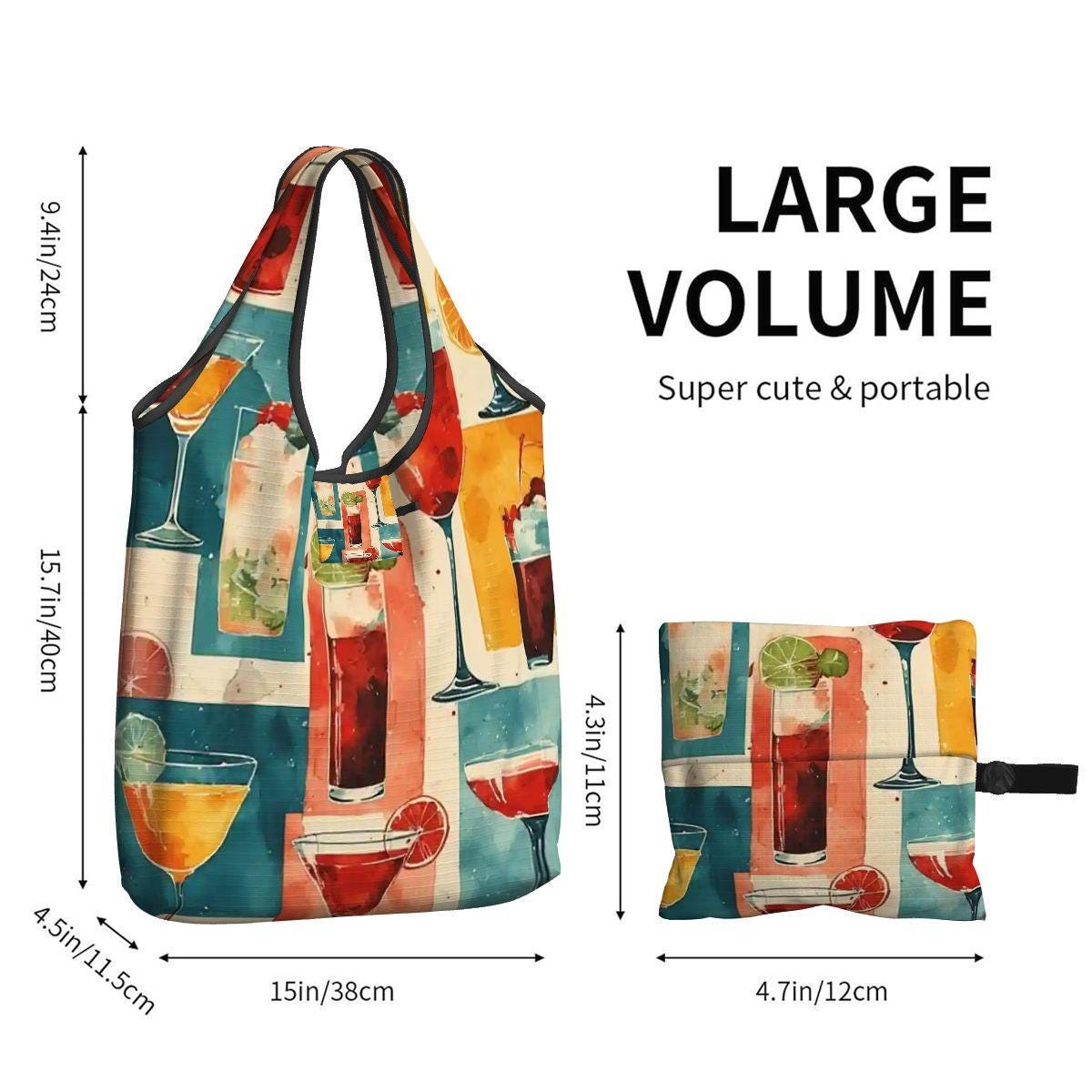 Mid-Century Cocktail Folding Reusable Grocery Shopping Bags - Retro Kitchen Storage Tote