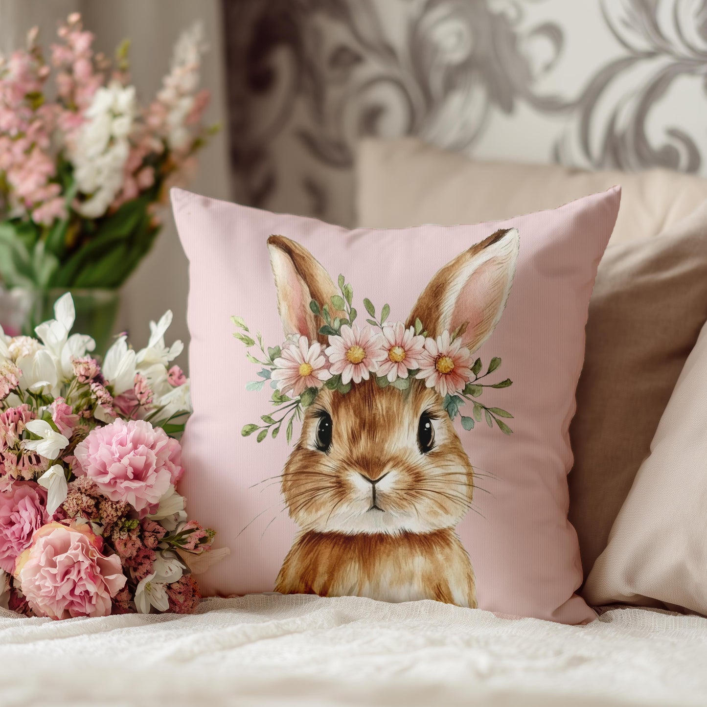 Boho Bunny Faux Suede Pillow Cover – Easter Decor Pillowcase