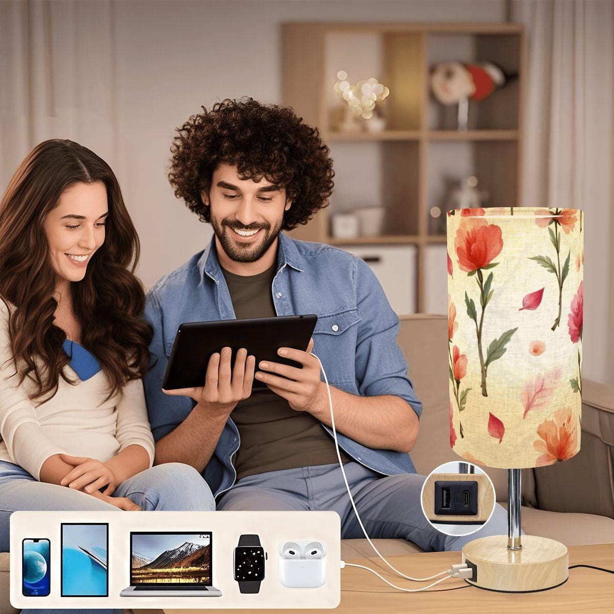 Rose Touch Bedside Table Lamp with USB Charging Port - Modern Bedroom Nightstand Light