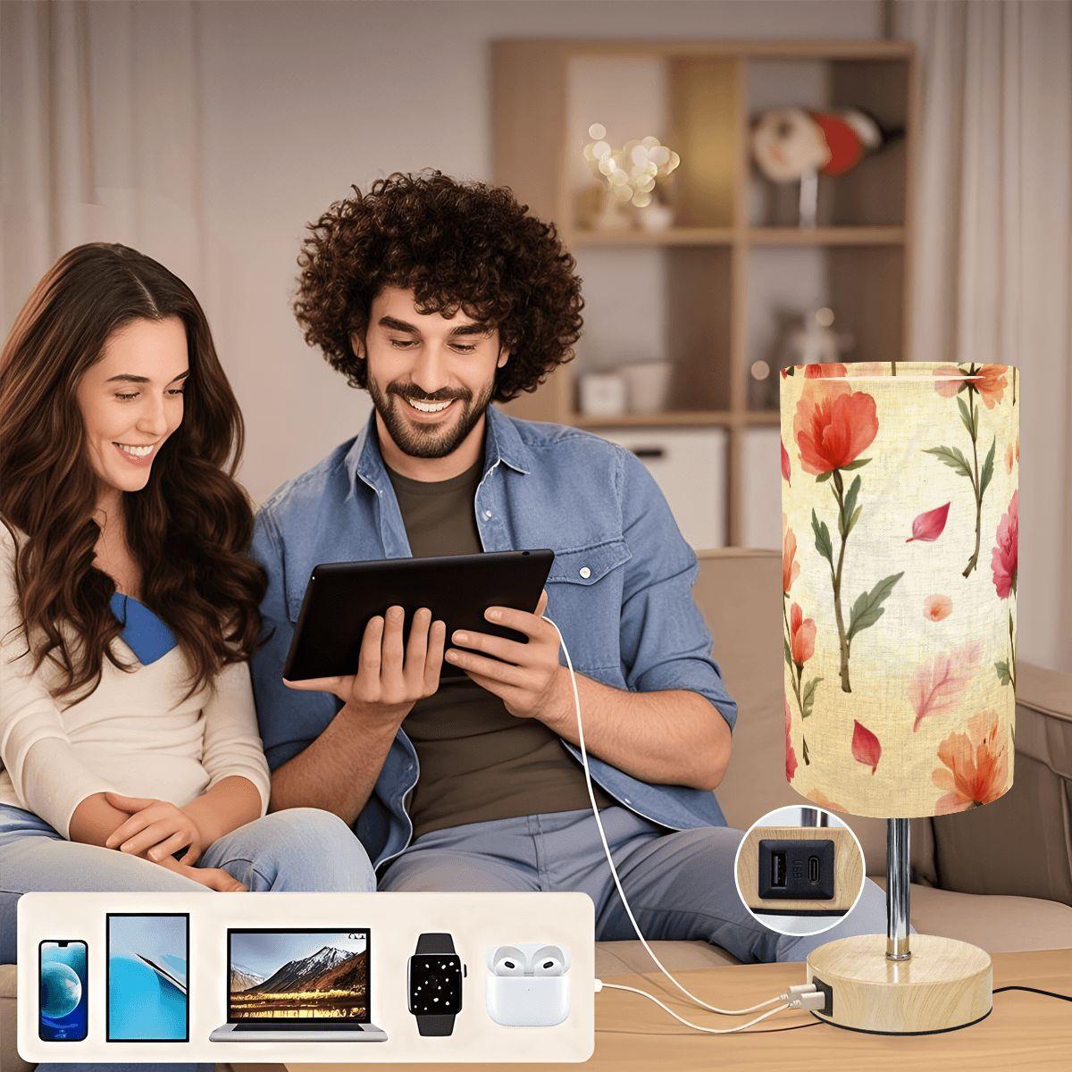 Rose Touch Bedside Table Lamp with USB Charging Port - Modern Bedroom Nightstand Light