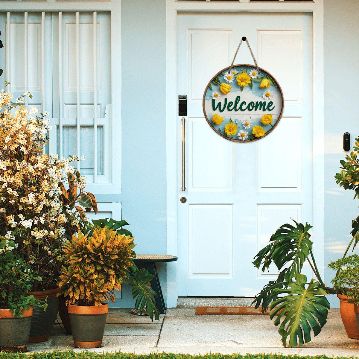 Springtime Round Wooden Door Sign - Seasonal Home Decor Wall Art Farmhouse Porch Welcome Display