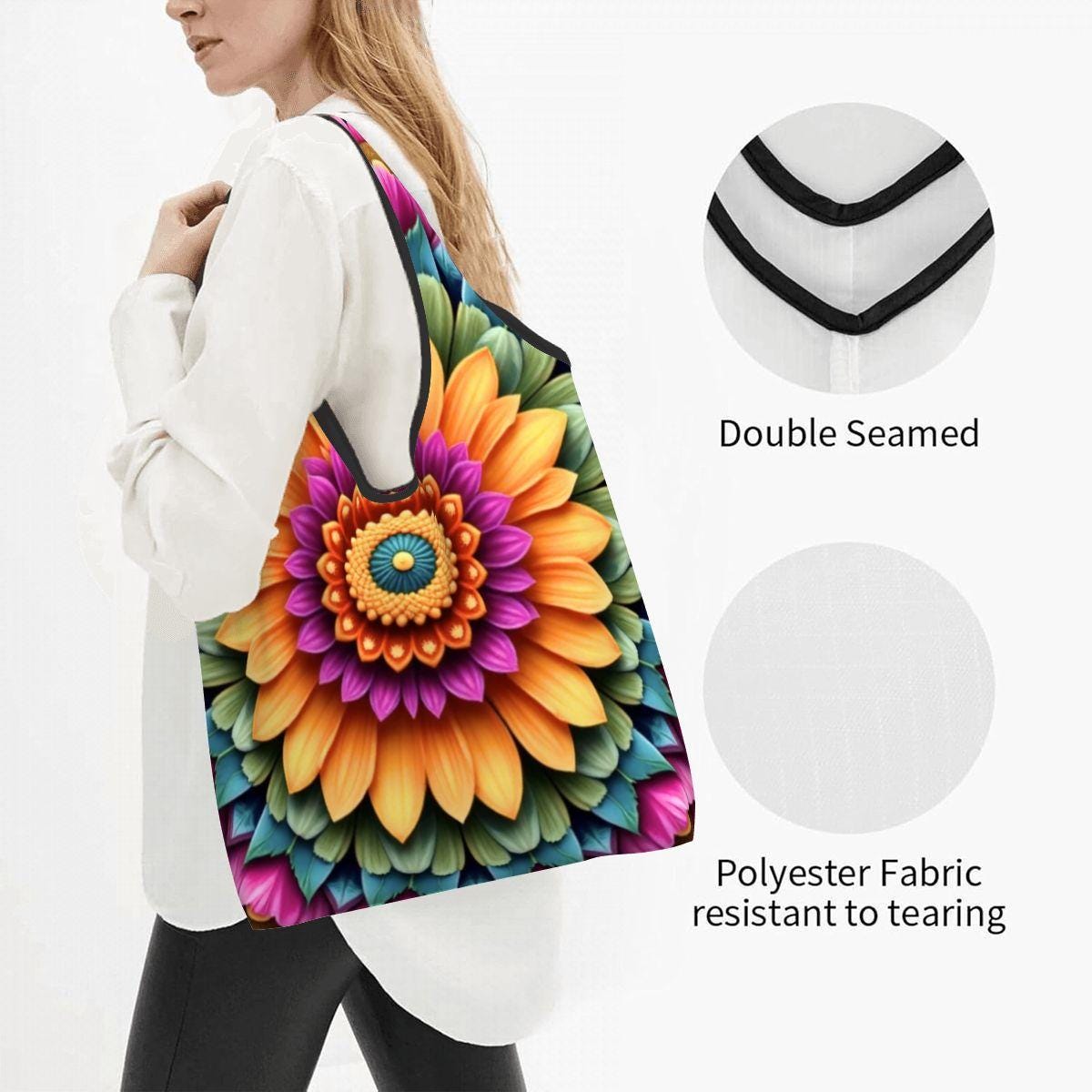 Mandala Folding Reusable Grocery Bags - Compact Eco-Friendly Shopping Tote with Sacred Geometry Design