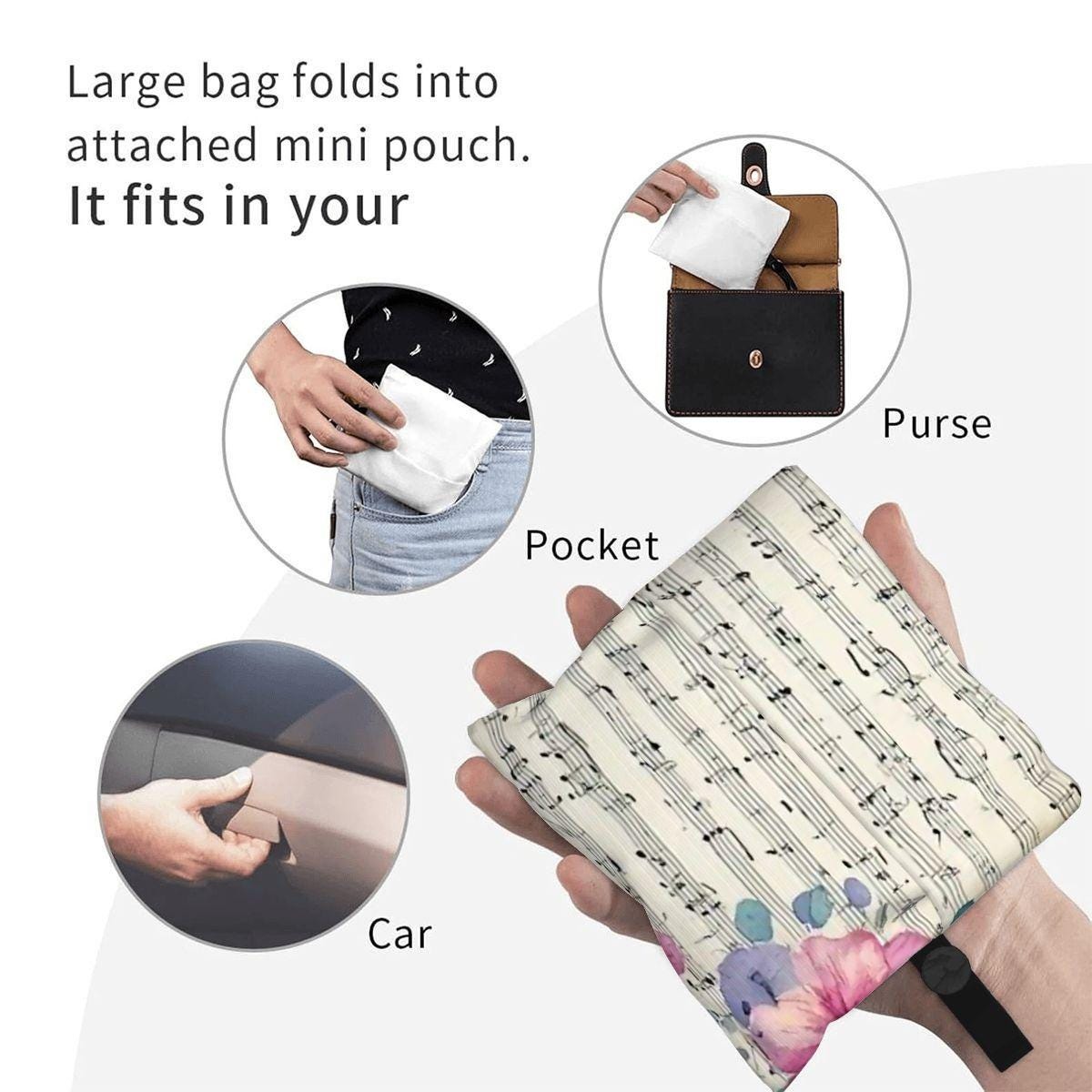Music Note Folding Reusable Grocery Shopping Bags - Compact Eco-Friendly Tote with Musical Design